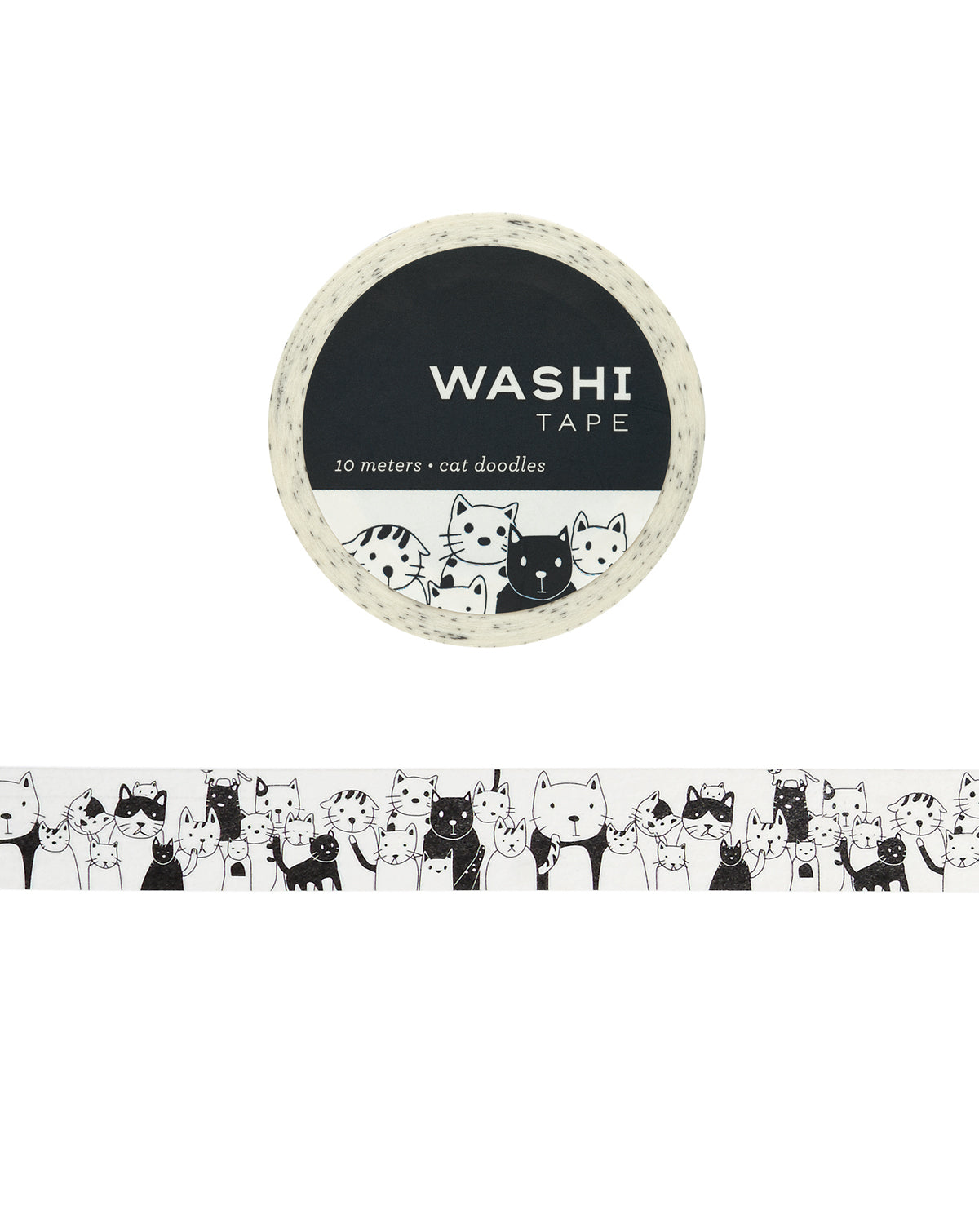 Washi tape with black and white cat doodles design on a white background