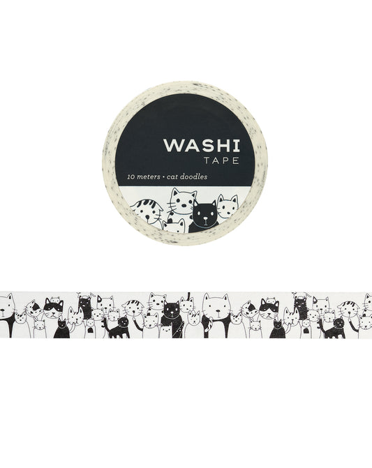 Washi tape with black and white cat doodles design on a white background