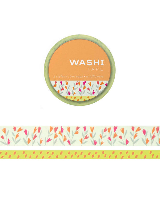 Two washi tapes, one thicker, on thinner with an illustrations of flowers. The thicker tape features a row of wildflower sprigs, while the thinner tape features a dotted pattern