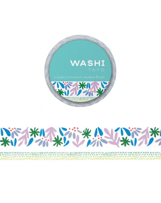 Two washi tapes, one thicker, on thinner with an illustrations of abstract flowers, leaves, and grass. The thicker tape features a colorful abstract pattern of flowers and leaves, while the thinner tape features a grass pattern