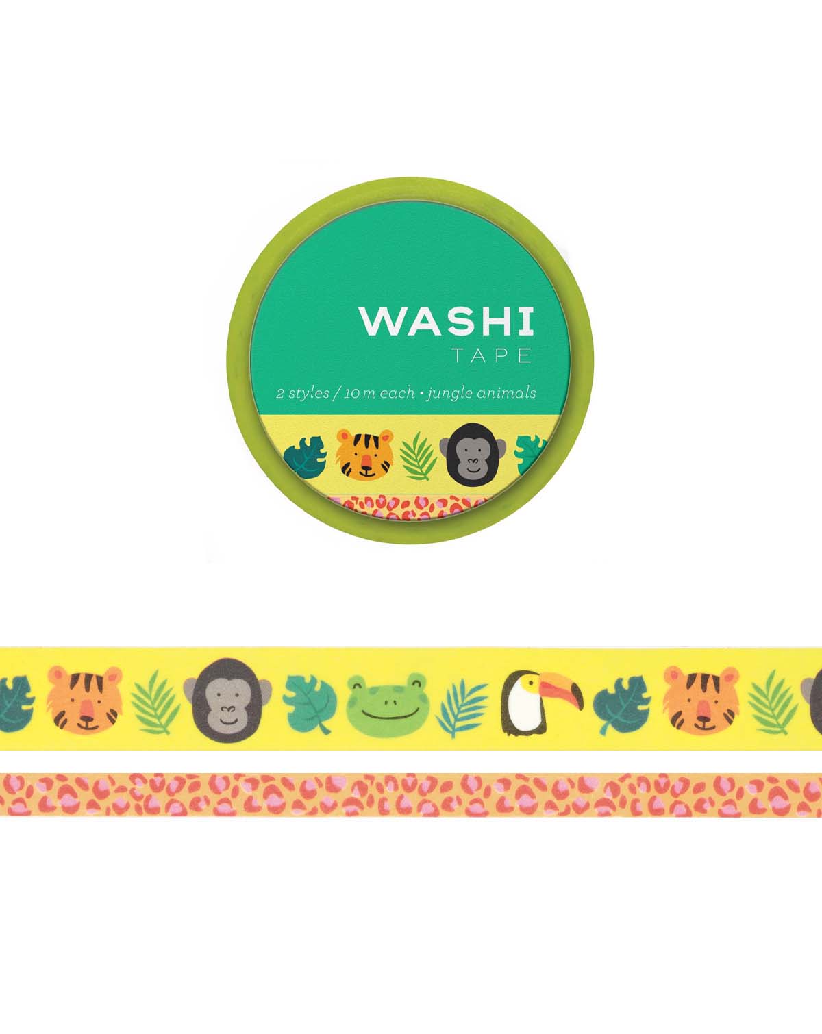 Two washi tapes, one thicker, on thinner with  illustrations of jungle patterns. The thicker tape features smiling jungle animals and ferns, while the thinner tape features a colorful leopard pattern