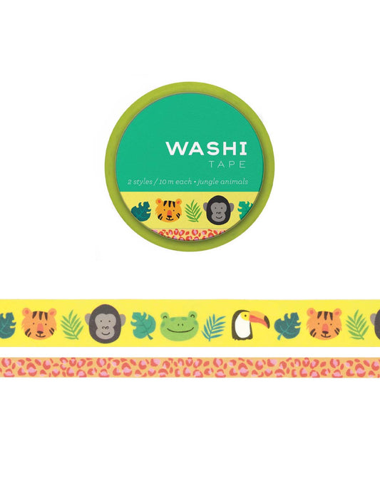 Two washi tapes, one thicker, on thinner with  illustrations of jungle patterns. The thicker tape features smiling jungle animals and ferns, while the thinner tape features a colorful leopard pattern