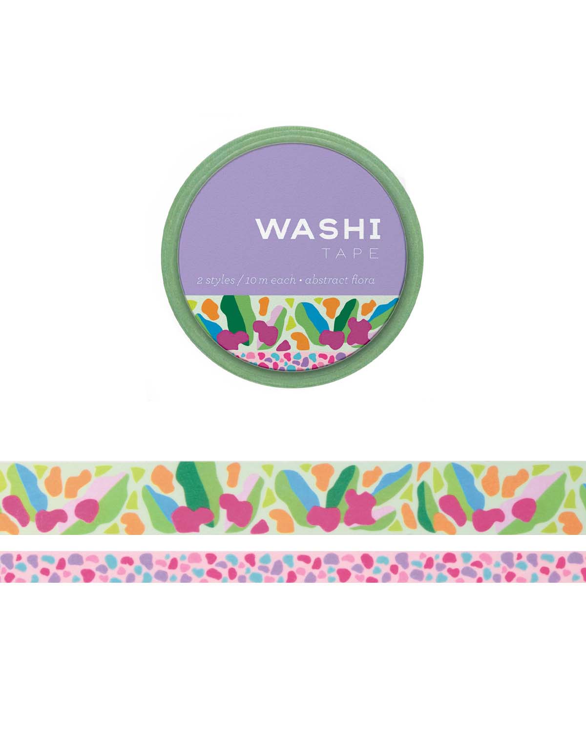 Two washi tapes, one thicker, on thinner with illustrations of abstract shapes. The thicker tape features larger, leaf and flower inspired abstract shapes while the thinner tape features smaller petal-like shapes.