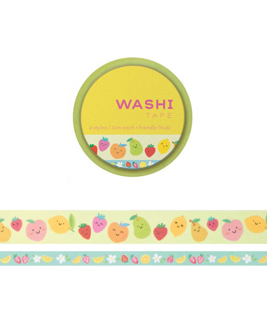 Two washi tapes, one thicker, on thinner with an illustrations of fruit. The thicker tape features smiling fruit, while the thinner tape features a fruit pattern