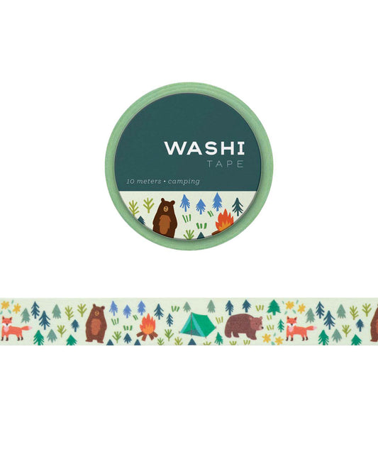 Washi tape with an illustration of bears, forest trees, tents, and foxes