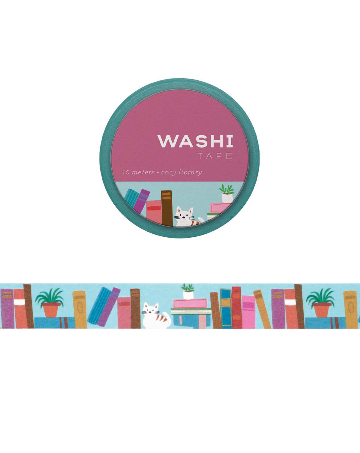 Washi tape with an illustration of a bookshelf filled with books and a white cat and some potted plants