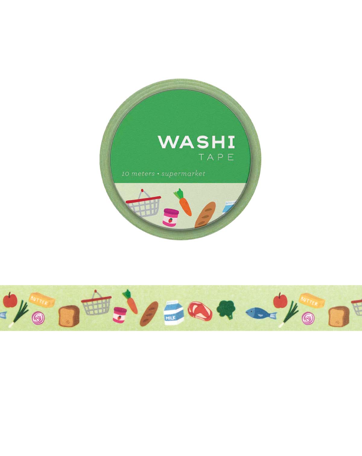 Washi tape with illustrations of foods, vegetables, meat, fruit, and objects commonly found in supermarkets