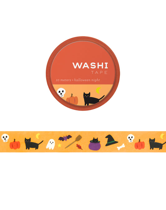 Washi tape with illustrations of Halloween objects like ghosts, witch hats, pumpkins, and animals