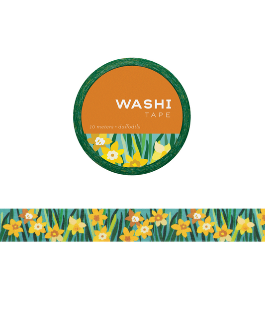 Washi tape with illustrations of daffodils in a field