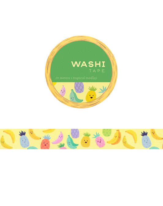 Washi tape with illustrations of various tropical fruits with smiling faces