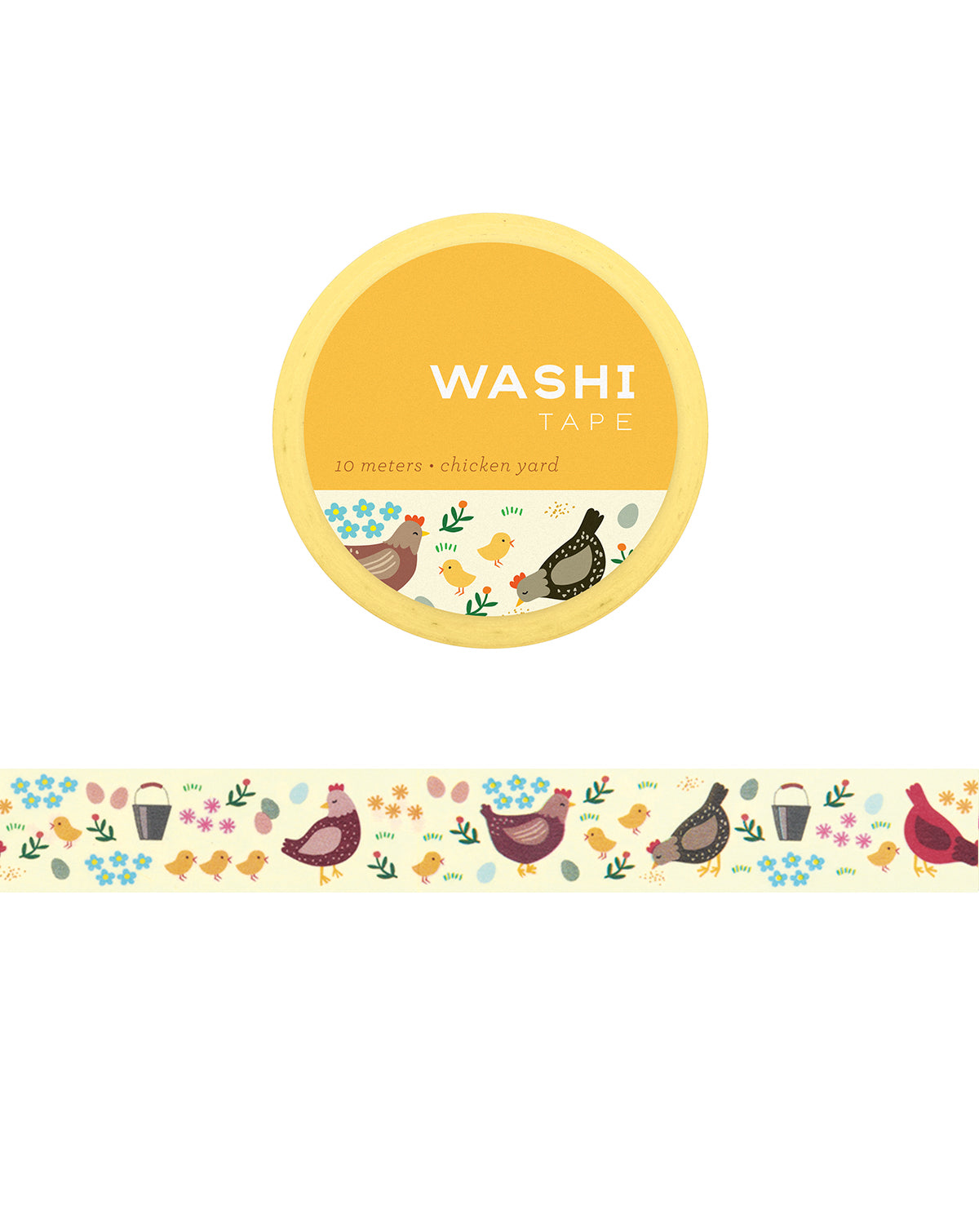 Washi tape with illustrations of various chickens, chicks, and flowers