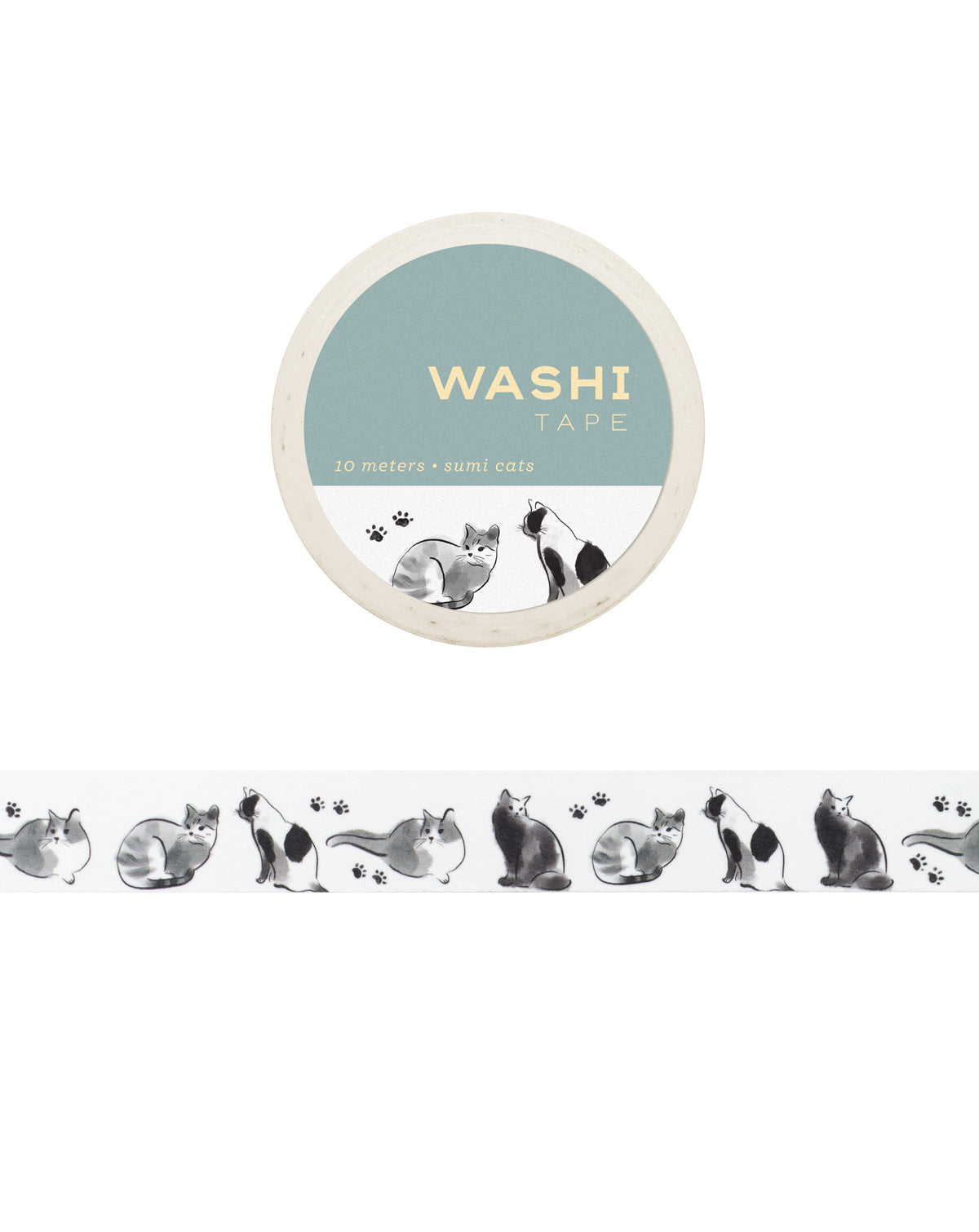 Washi tape with illustrations of various black and white and gray cats