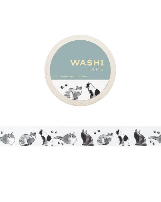 Washi tape with illustrations of various black and white and gray cats