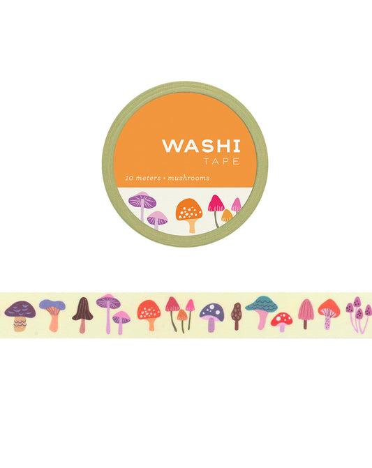 Washi tape with illustrations of various mushrooms on a light yellow backdrop