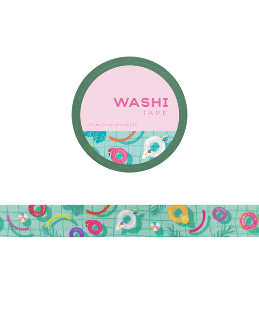 Washi tape with illustration of swimming pool with inner tubs and pool noodles