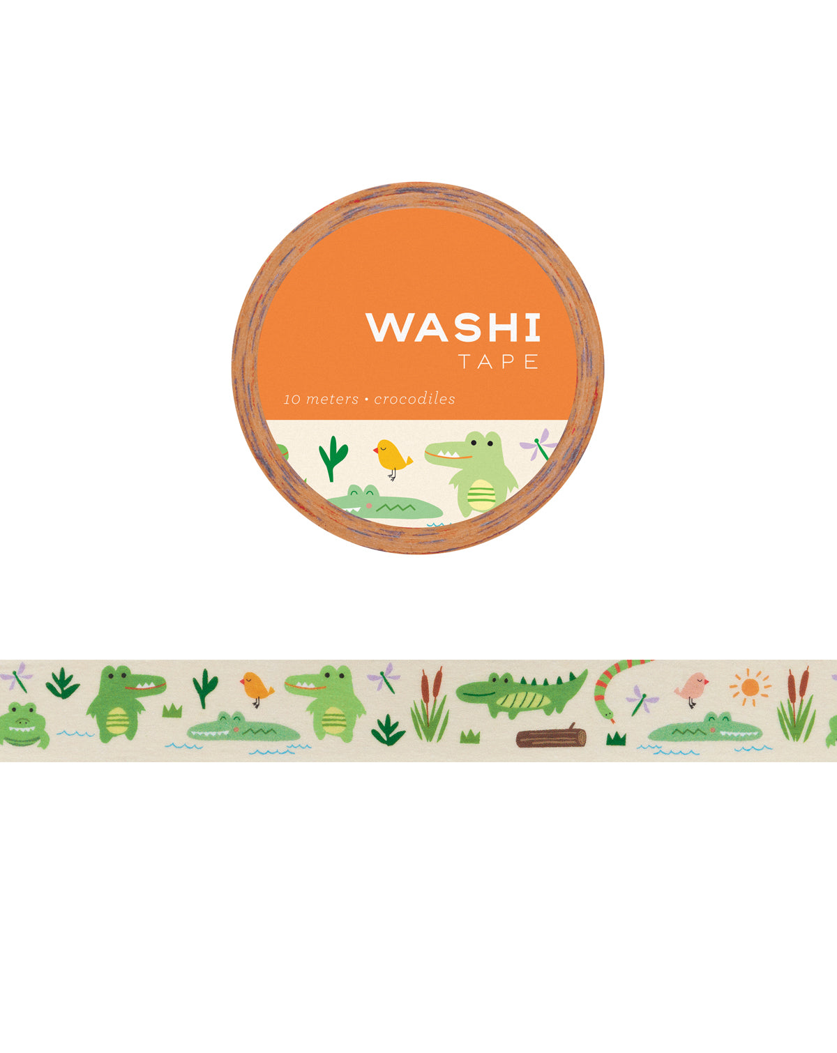 Washi tape with various crocodiles and small animals and plants on a white background