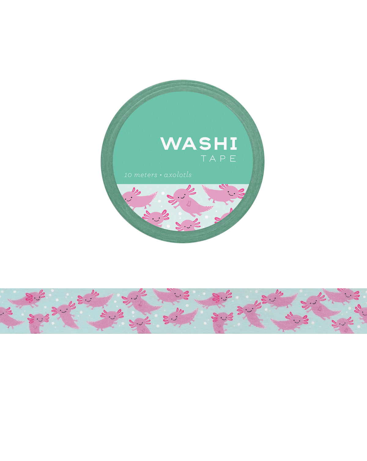 Washi tape with illustrations of various axolotls on light blue backdrop with bubbles.