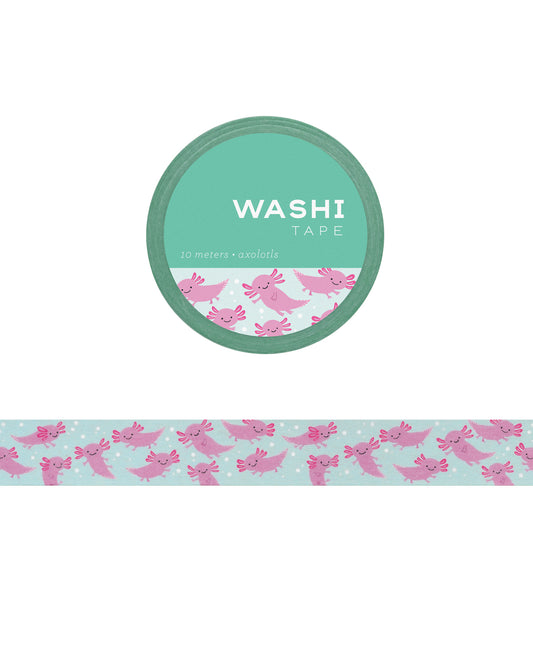 Washi tape with illustrations of various axolotls on light blue backdrop with bubbles.