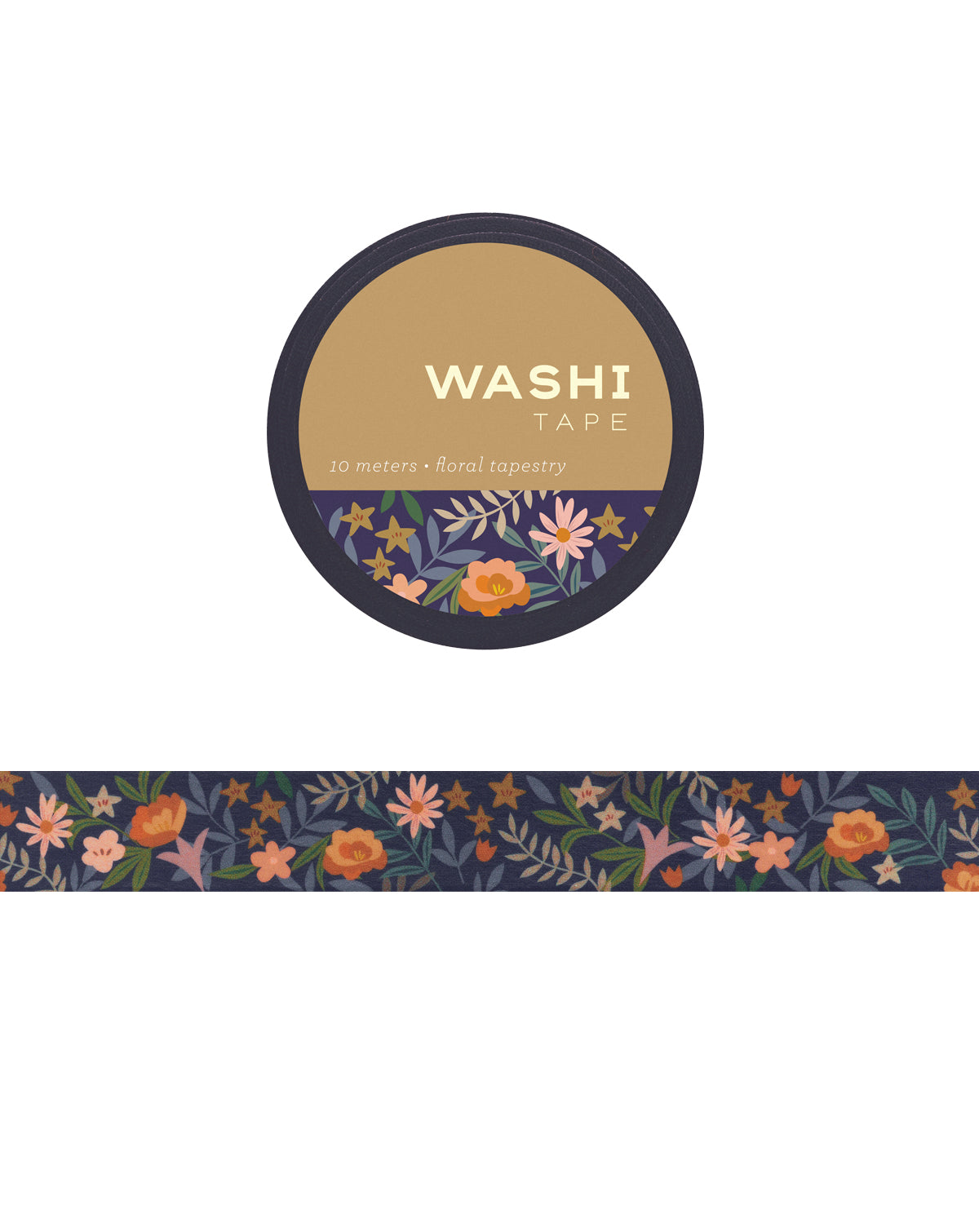 Washi tape with floral design on a dark blue backdrop