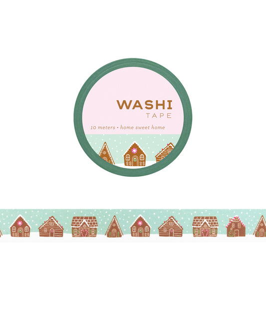Washi tape with gingerbread house design on a white background