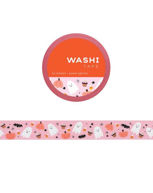 Washi tape featuring illustrations of ghosts and various Halloween objects 