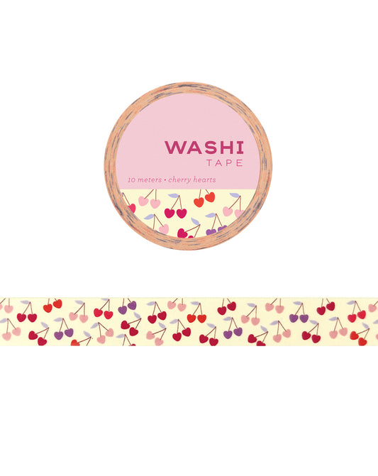 Washi tape with cherry heart design on a white background.
