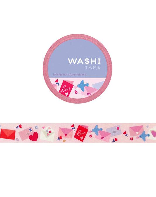 Washi tape with illustrations of love letters and birds on a white background