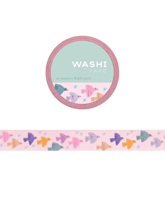 Washi tape design of various birds flying against a pink and starry backdrop.