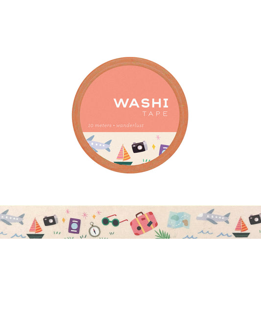Washi tape with travel-themed design on a white background
