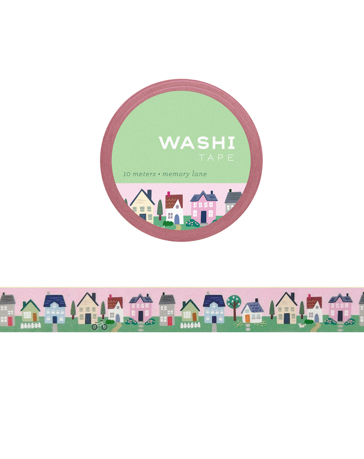 Washi tape with a design of various houses on a white background