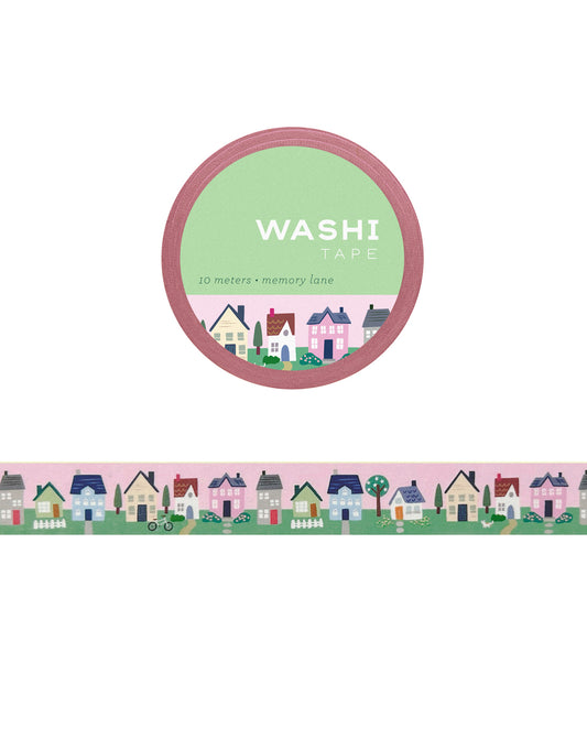 Washi tape with a design of various houses on a white background