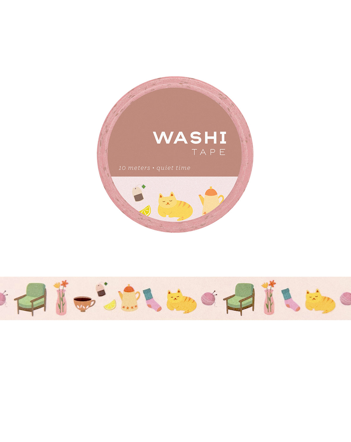 Washi tape with cozy cats and objects on a white background
