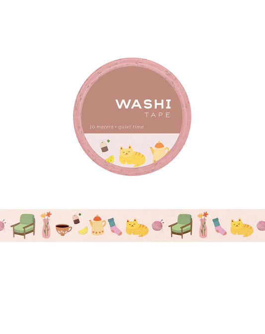 Washi tape with cozy cats and objects on a white background