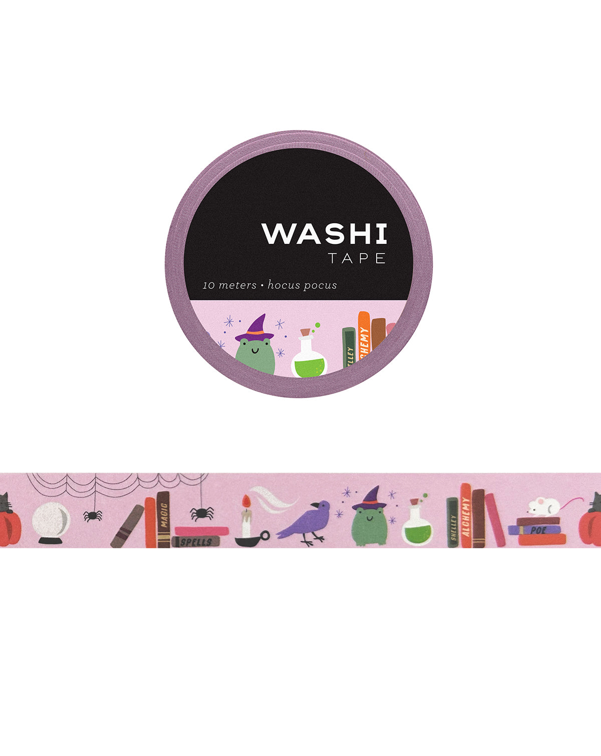 Washi tape with Halloween-themed design of frogs, books, and other animals and objects on a white background