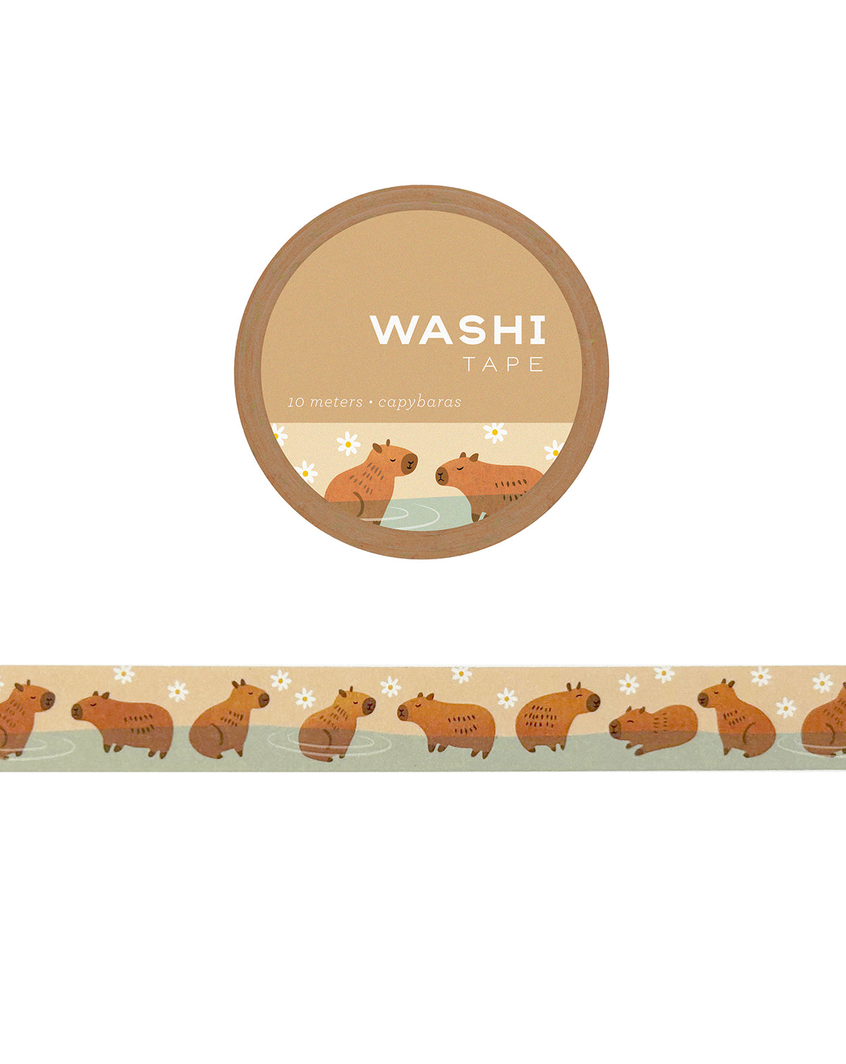 Washi tape featuring cute capybaras relaxing and enjoying in hot springs. 