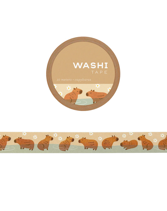 Washi tape featuring cute capybaras relaxing and enjoying in hot springs. 