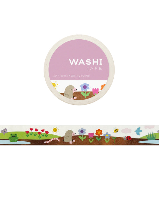 Washi tape featuring a cheerful spring landscape with blooming flowers, greenery, and seasonal nature illustrations. 