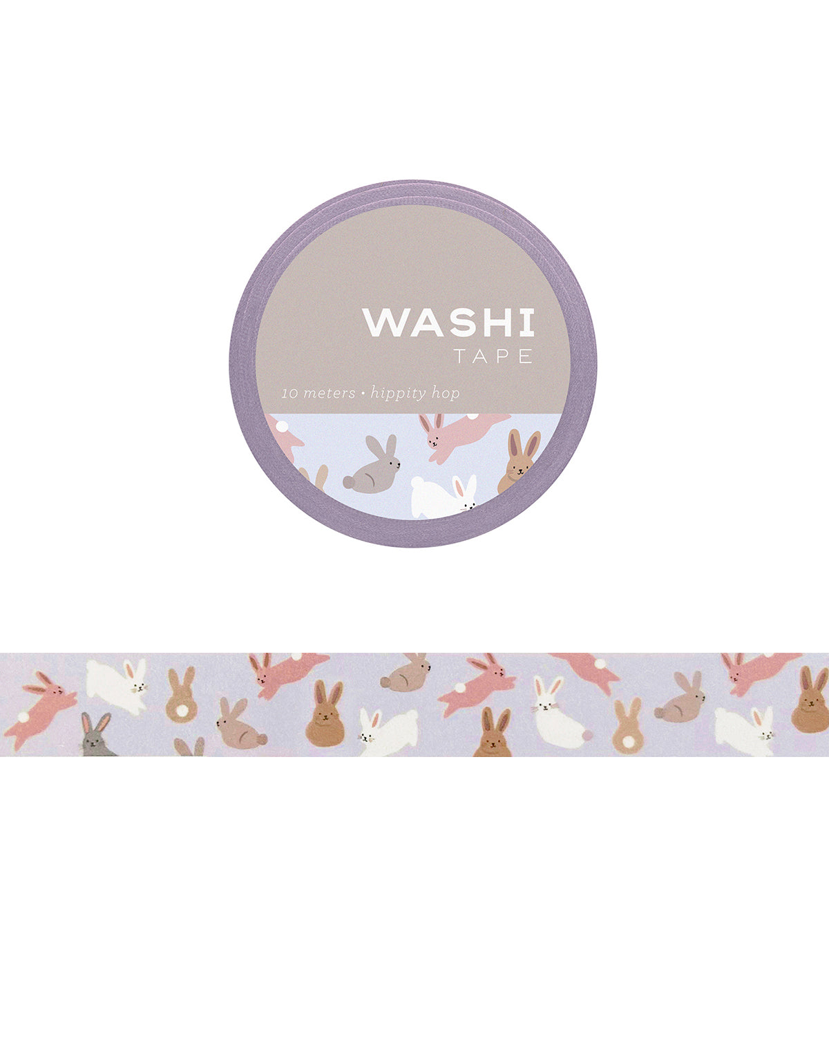 Washi tape with illustrated rabbits hopping among spring flowers and greenery on a pastel background.