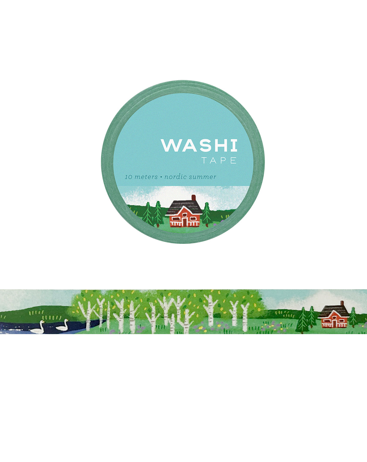 Washi tape featuring images of a red cottage, swans, and birch trees against a blue, cloudy sky