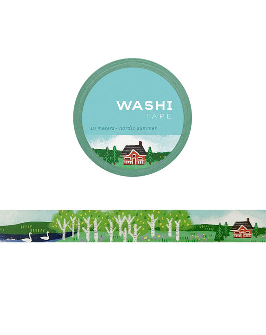 Washi tape featuring images of a red cottage, swans, and birch trees against a blue, cloudy sky