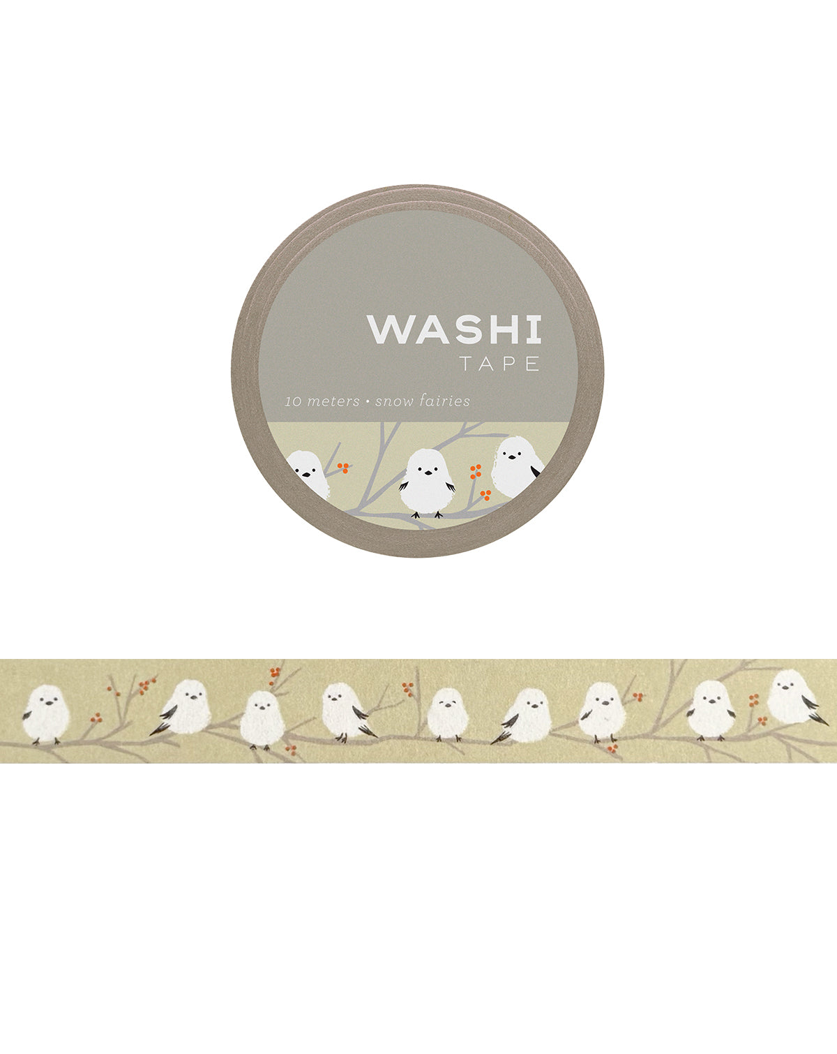 White birds perched on tree branches with small red berries, illustrated on beige-background washi tape.