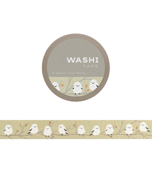 White birds perched on tree branches with small red berries, illustrated on beige-background washi tape.