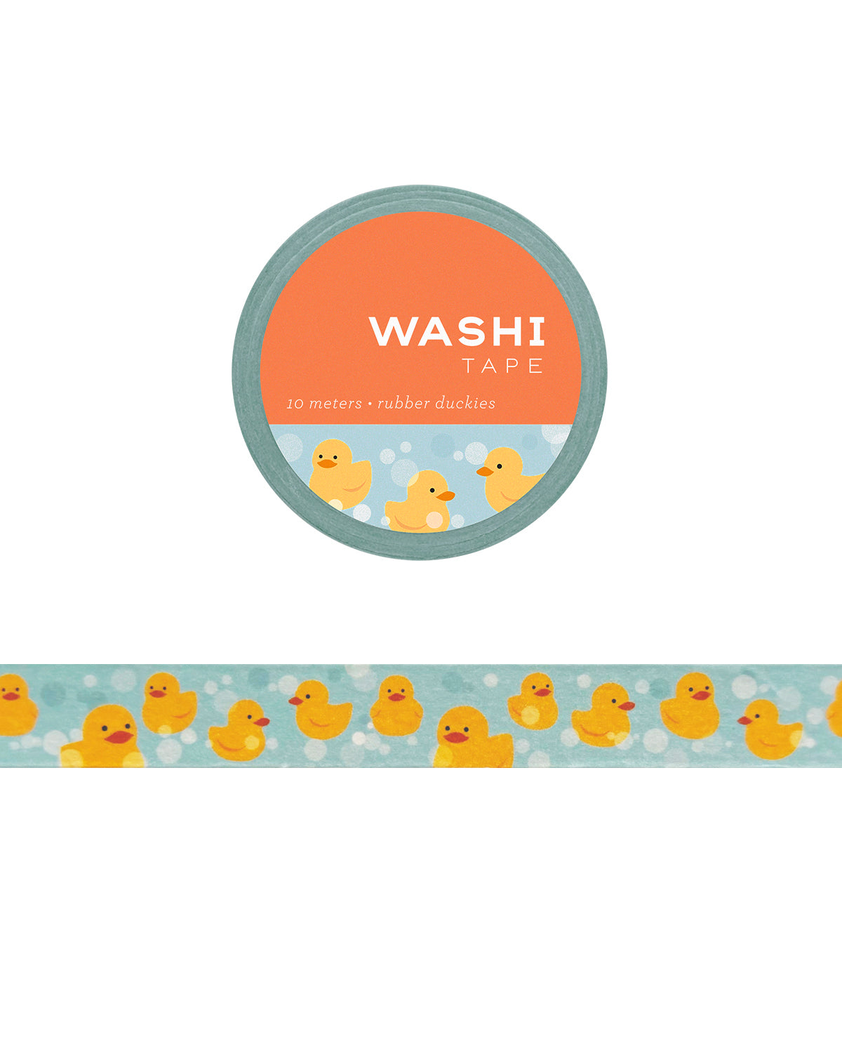 Rubber duckies floating on blue water with playful bubbles, featured on a cute washi tape design.