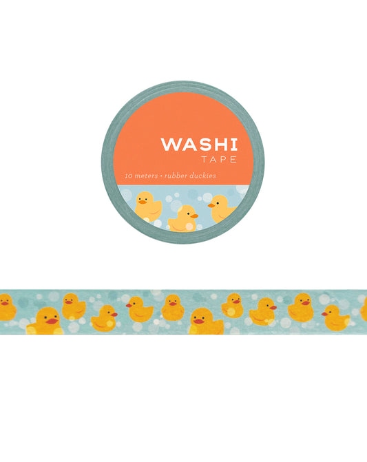 Rubber duckies floating on blue water with playful bubbles, featured on a cute washi tape design.