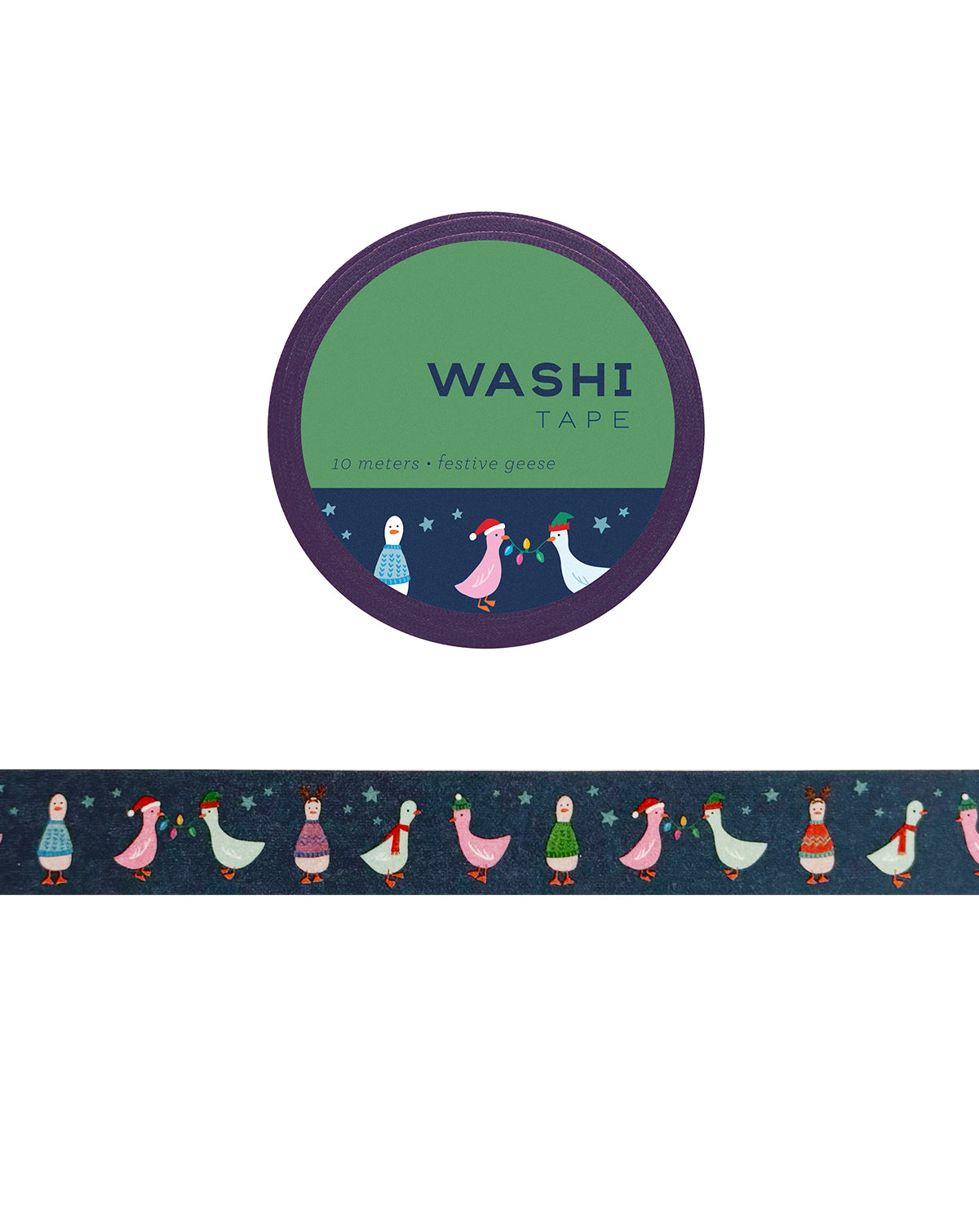 Festive geese wearing cozy holiday sweaters, scarves, and hats on a dark blue washi tape background.