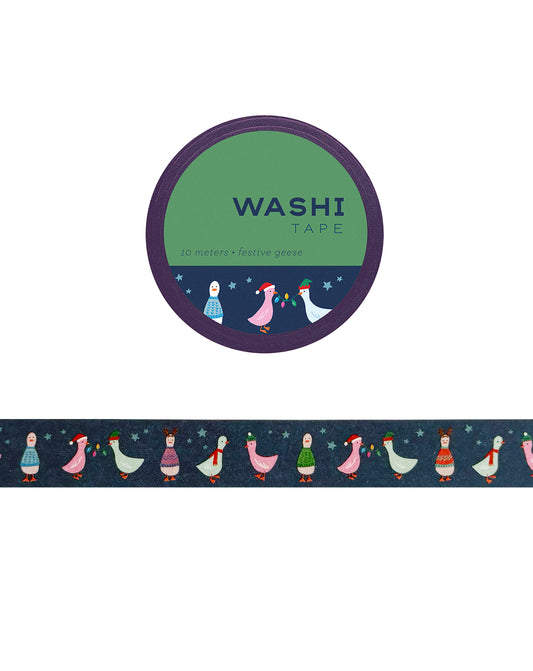 Festive geese wearing cozy holiday sweaters, scarves, and hats on a dark blue washi tape background.