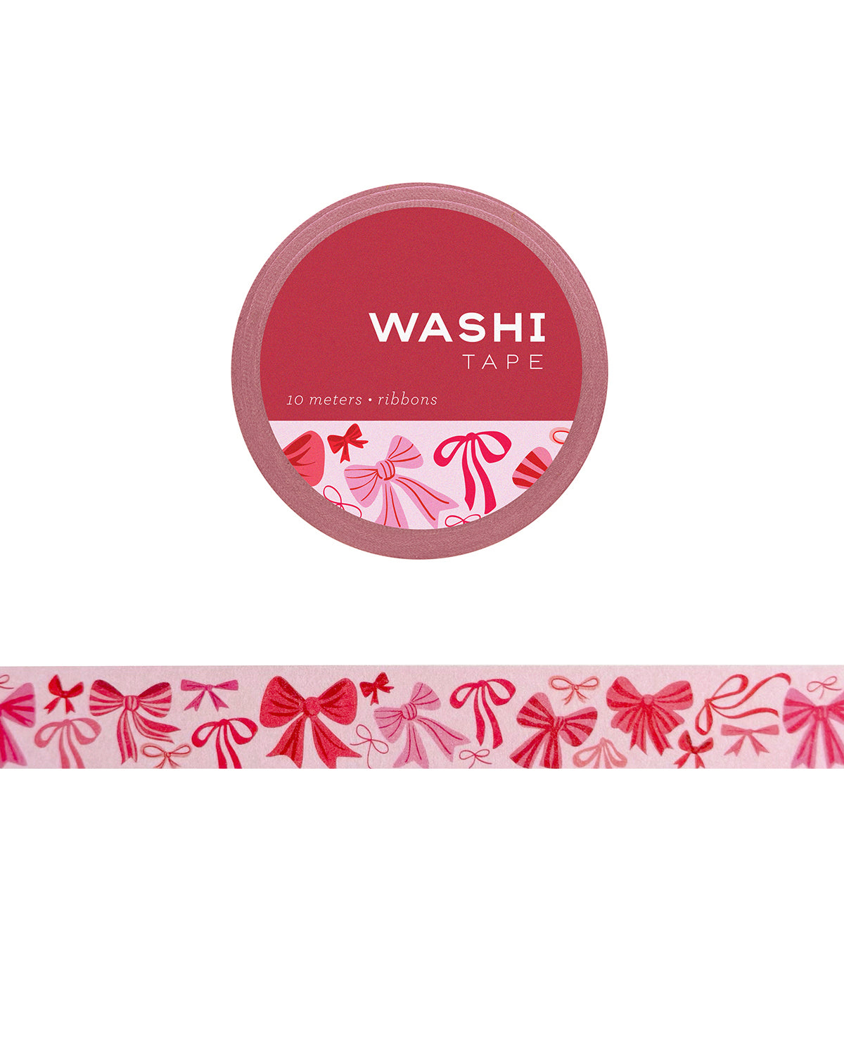 Cute washi tape featuring assorted pink and red ribbons in different styles on a pink background.