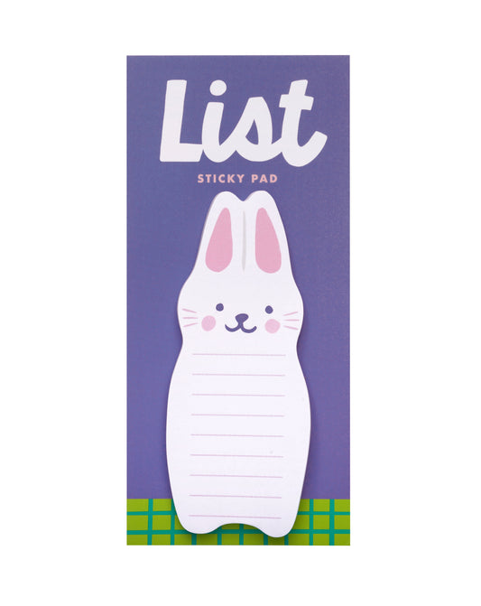 White bunny sticky pad on a blue packaging card background