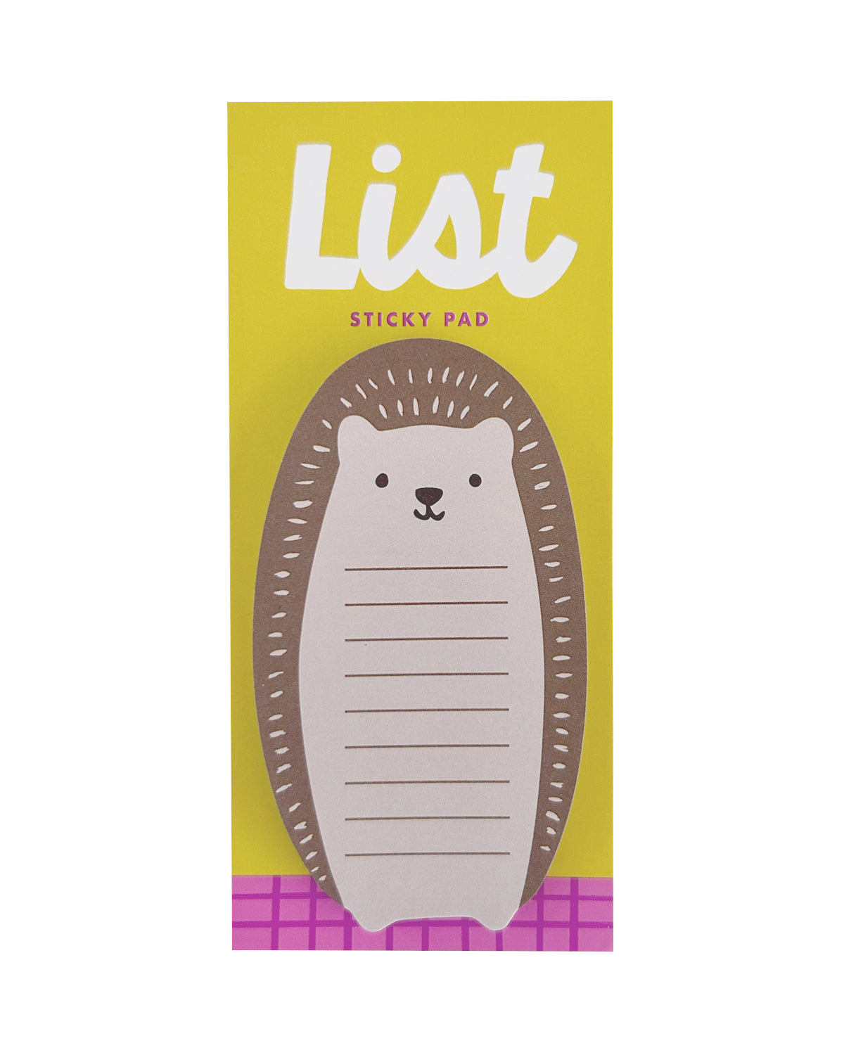 Sticky pad with hedgehog design on a yellow packaging card 