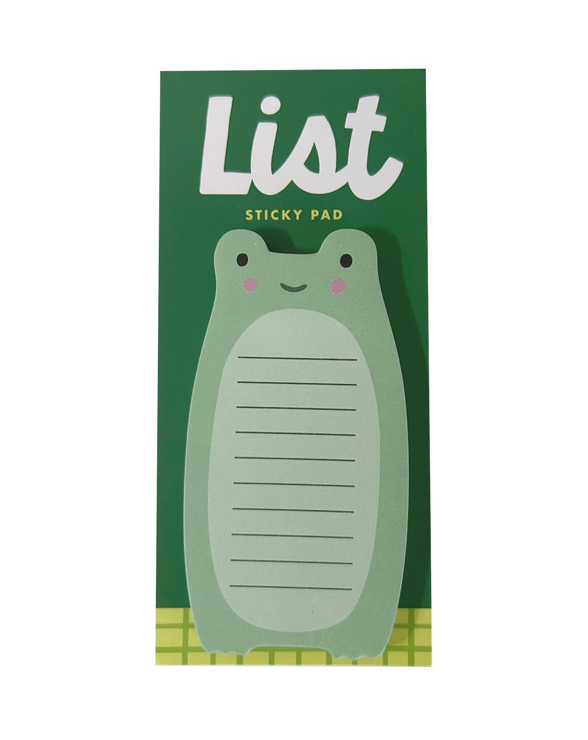 A green frog-shaped sticky pad with a smiling face, shown on its dark green backing card that reads 'List Sticky Pad'.